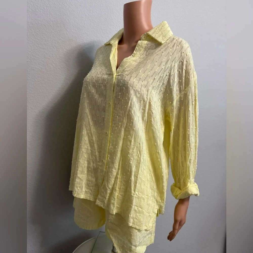 Yellow Sheer Textured Button-Up Shirt and Shorts Swim Cover Set